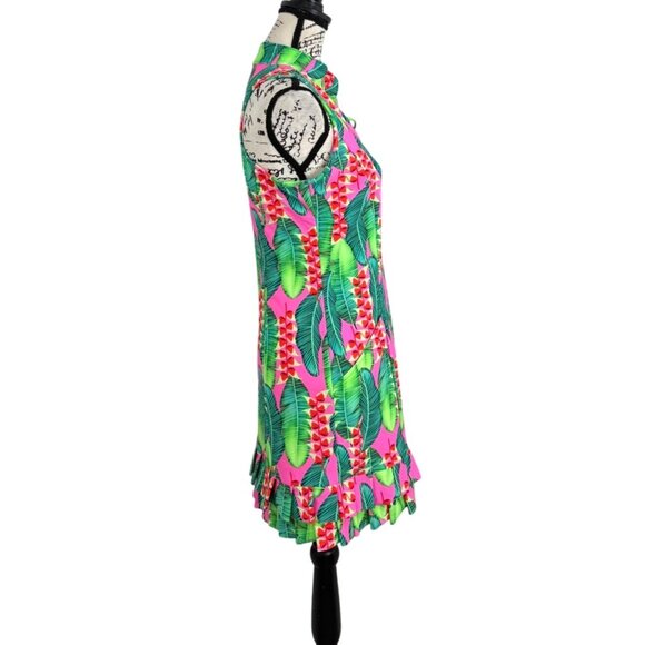 Tzu Tzu Sleeveless Dress Tropical Leaf Print Ruffle-Hem Green Pink USA Size S - Picture 2 of 7